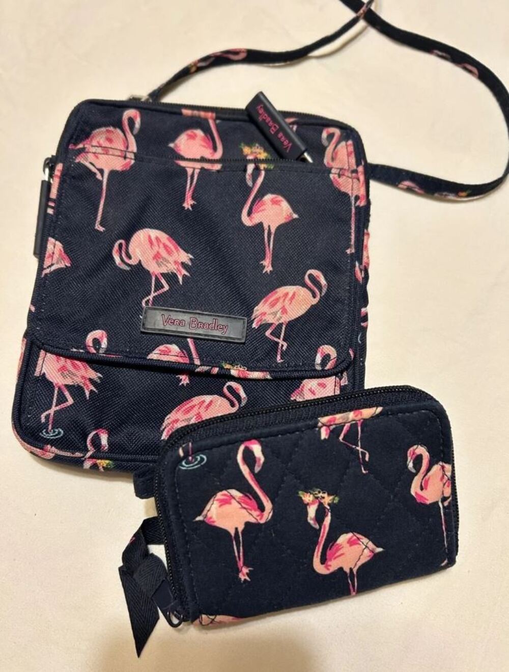 Vera Bradley NWOT Black FLAMINGO CROSSBODY Bag Matching Zip Wallet Set